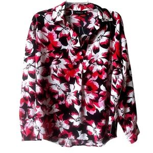 Rafaella Long Sleeve Floral Blouse Relaxed Fit Womens Medium Black Pink NWOT
